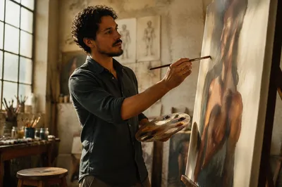 Latino Artist Painting in Sunlit Studio