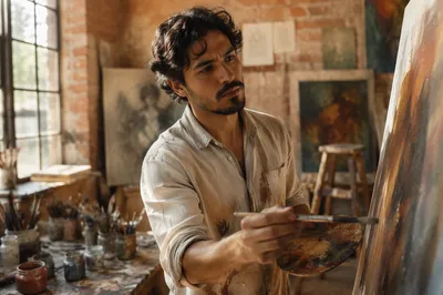 Latino Artist Painting in Sunlit Studio