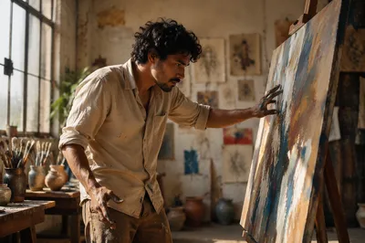 Latino Artist Painting in Sunlit Studio