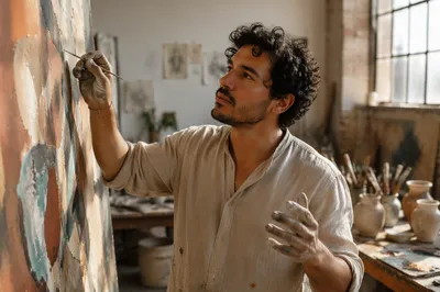 Latino Artist Painting in Sunlit Studio