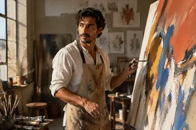 Latino Painter in Sunlit Art Studio