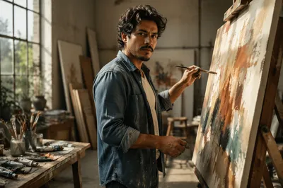 Latino Artist Painting in Sunlit Studio
