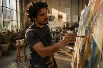 Latino Artist Painting in Sunlit Studio