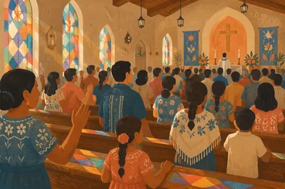 Colorful Church Congregation Inside Sunlit Sanctuary