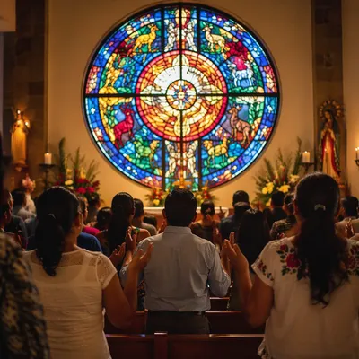 Latino Congregation Before Colorful Stained Glass