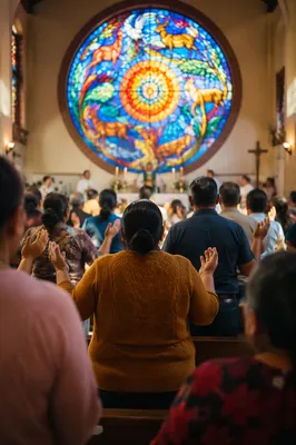 Latino Congregation Before Stained Glass Window