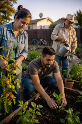 Latino Neighbors Working in Community Garden