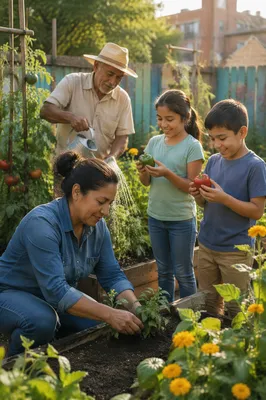 Latino Family Working in Community Garden