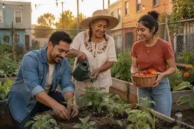 Latino Neighbors Working in Community Garden