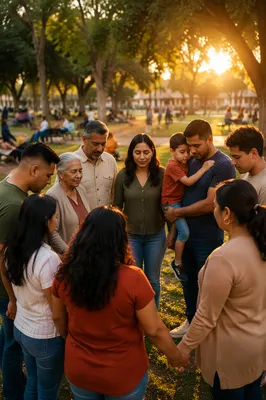 Latino Community Circle in Park at Sunset