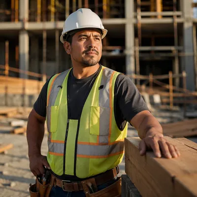 Confident Latino Construction Worker at Building Site