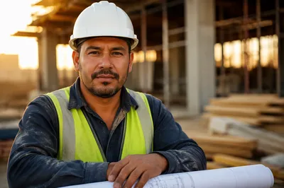 Confident Construction Worker at Building Site