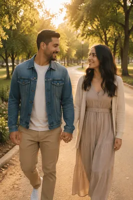 Latino Couple Walking in City Park