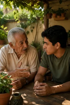 Latino Grandfather Talking with Young Man
