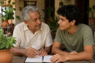 Latino Grandfather Mentoring Young Man on Porch
