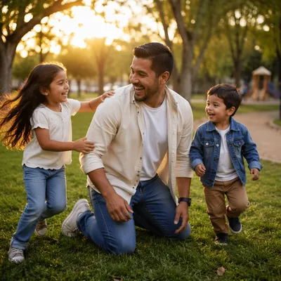 Joyful Father Playing With Children in Park