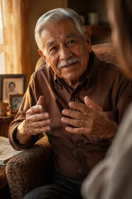 Elderly Latino Grandfather in Warm Living Room