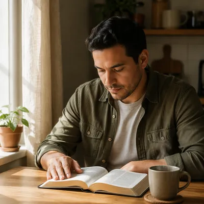 Latino Man Reading Bible with Coffee