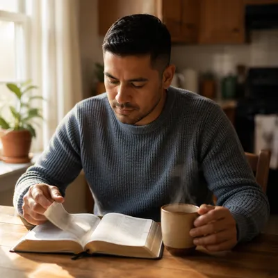 Latino Man Reading Bible with Coffee