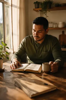 Latino Man Reading Bible with Coffee