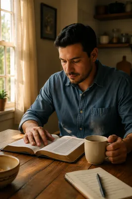 Latino Man Reading Bible with Coffee