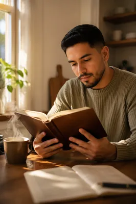Latino Man Reading Bible with Coffee