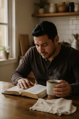 Latino Man Reading Bible with Coffee