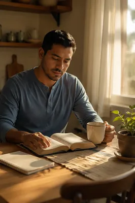 Latino Man Reading Bible with Coffee