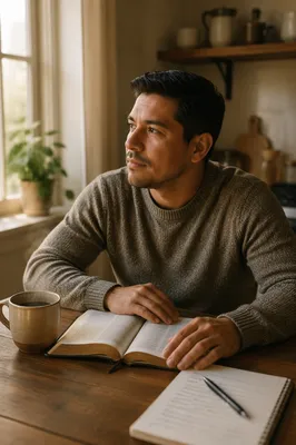 Latino Man Reading Bible with Coffee