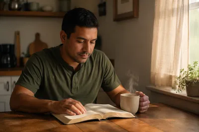 Latino Man Reading at Kitchen Table