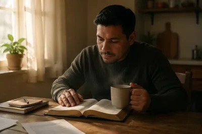 Latino Man Reading Bible With Coffee
