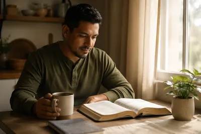 Latino Man Reading Bible by Window