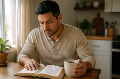 Latino Man Reading Bible with Coffee