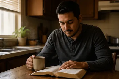 Latino Man Reading Bible with Coffee