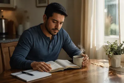 Latino Man Reading Bible with Coffee