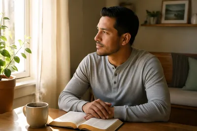 Latino Man Reading at Kitchen Table