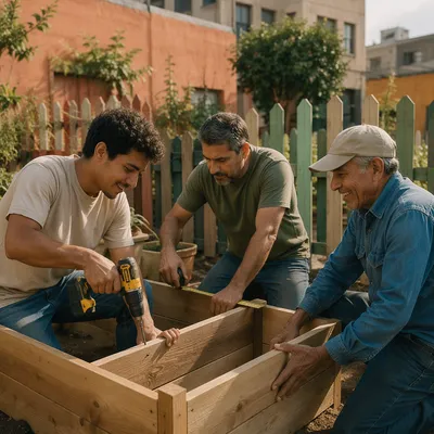 Three Men Building Urban Garden Planters