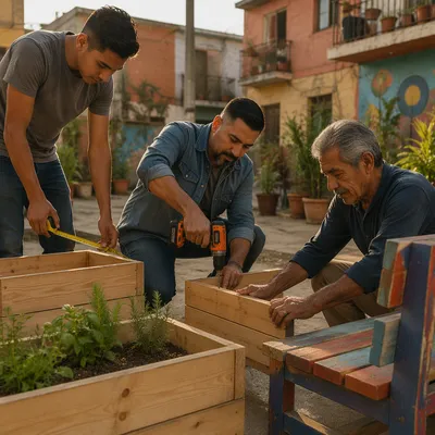 Three Men Building Planter Boxes Together