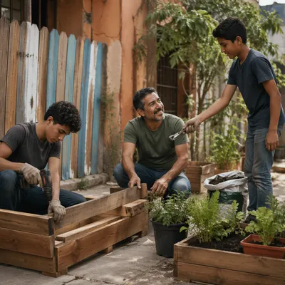 Three Men Building Garden Planters Together