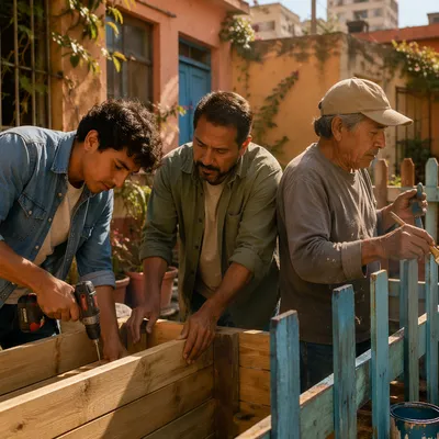 Latino Men Building Garden Beds Together