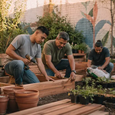 Latino Men Building Community Garden Planters