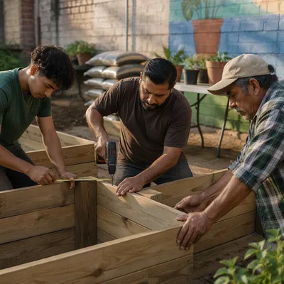 Three Men Building Garden Beds Together