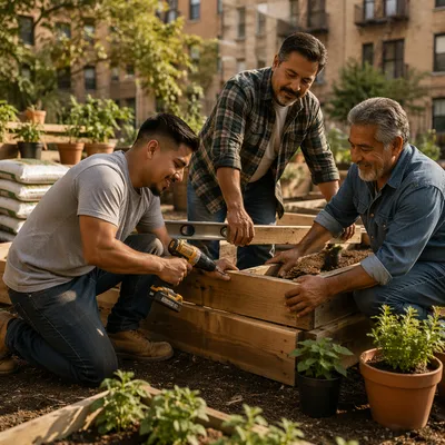 Latino Men Building Community Garden Together