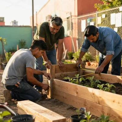 Three Men Building Community Garden Together