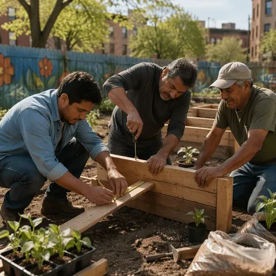 Latino Men Building Garden Planter Boxes