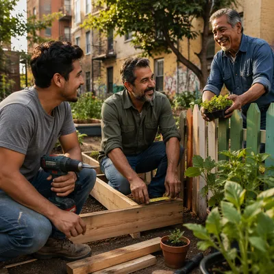 Latino Men Building Planters in Urban Garden