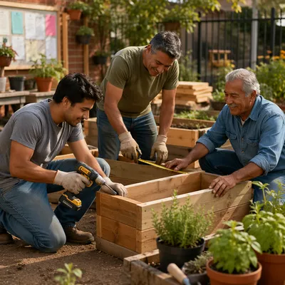 Latino Men Building Garden Planters Together