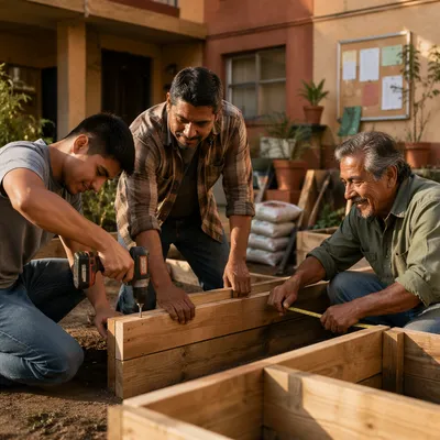 Three Men Building Garden Beds Together