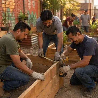 Latino Men Building Garden Planter Together