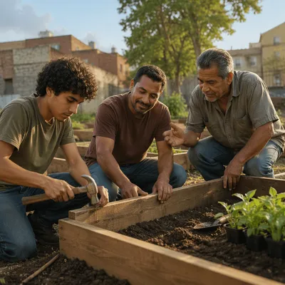 Three Men Building Community Garden Planters